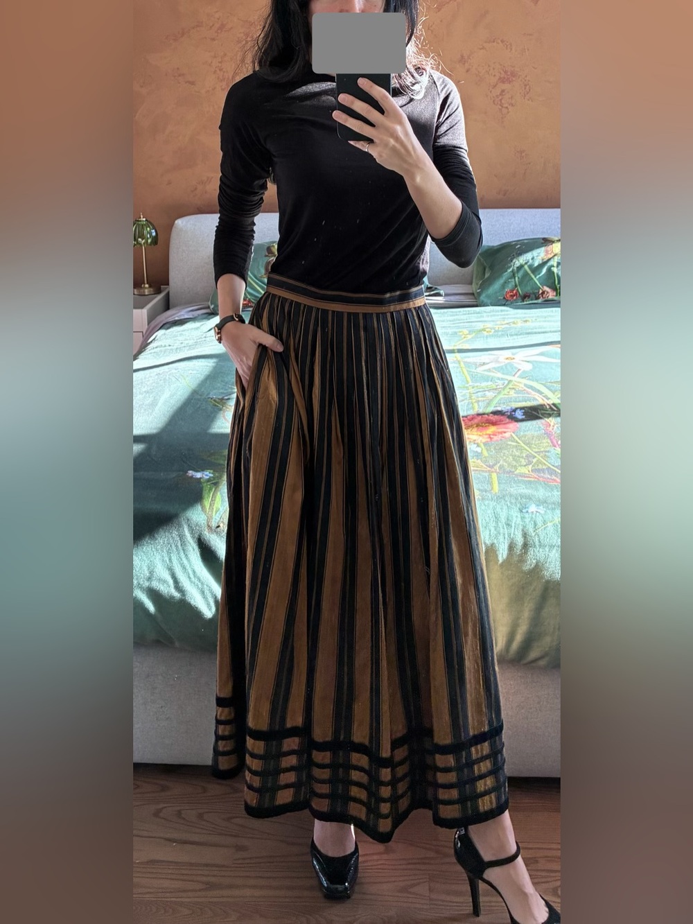 Black and Brown Striped Pleated Maxi Skirt